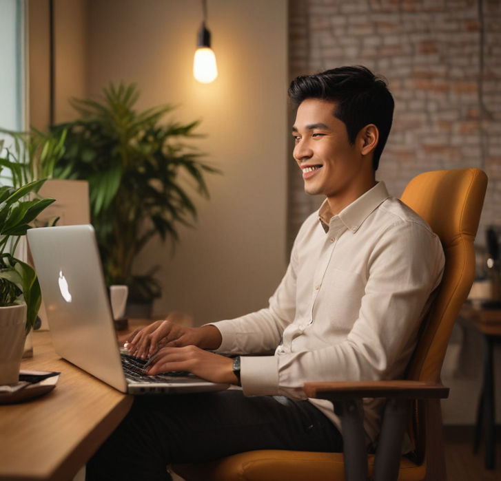In a chic co-working hub, a beaming Indonesian entrepreneur finds joy in his laptop's glow, fueled by creativity and determination.