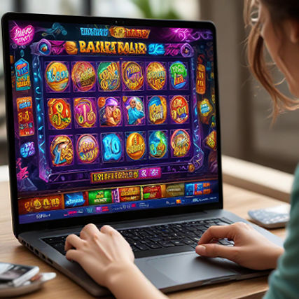 A person excitedly looking at a laptop screen showing colorful slot game graphics and bonus offers.