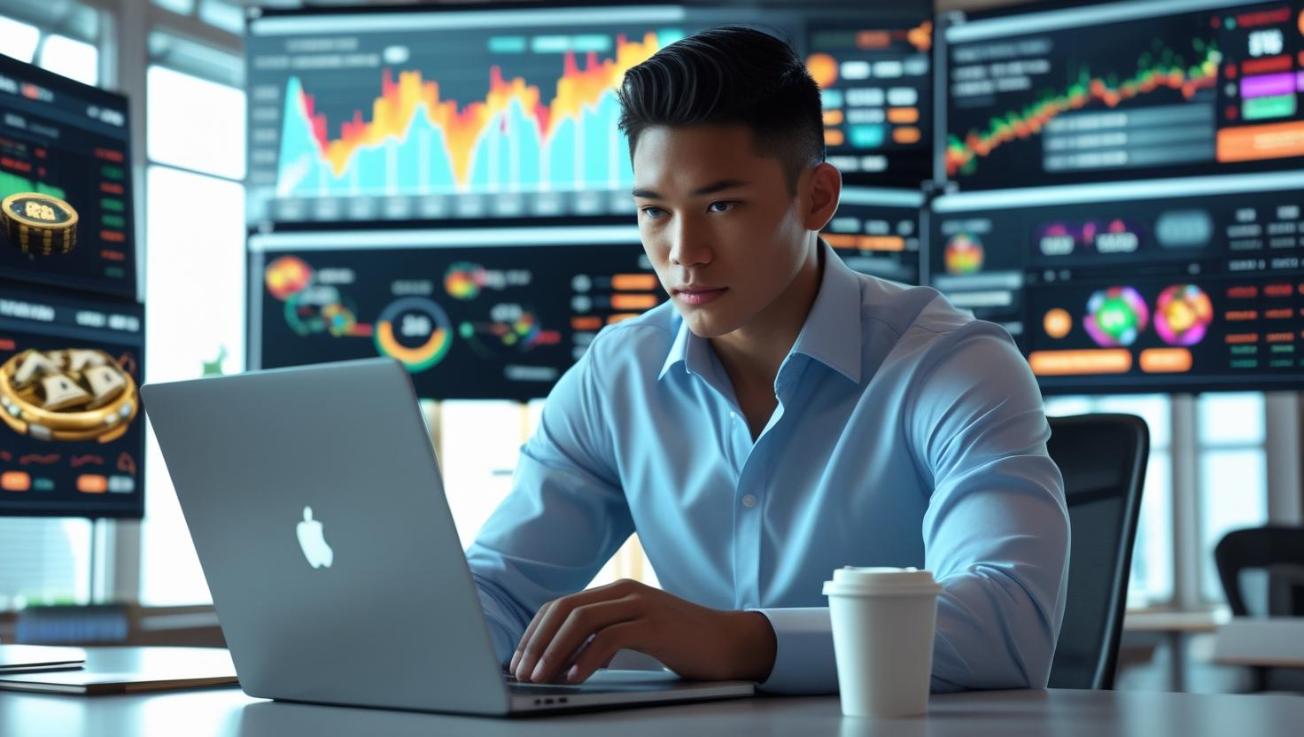 Professional analyzing online slot casino data in modern tech-focused office workspace environment.