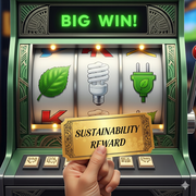 A hand holds a golden ticket labeled "SUSTAINABILITY REWARD" in front of a green, art-deco-style slot machine