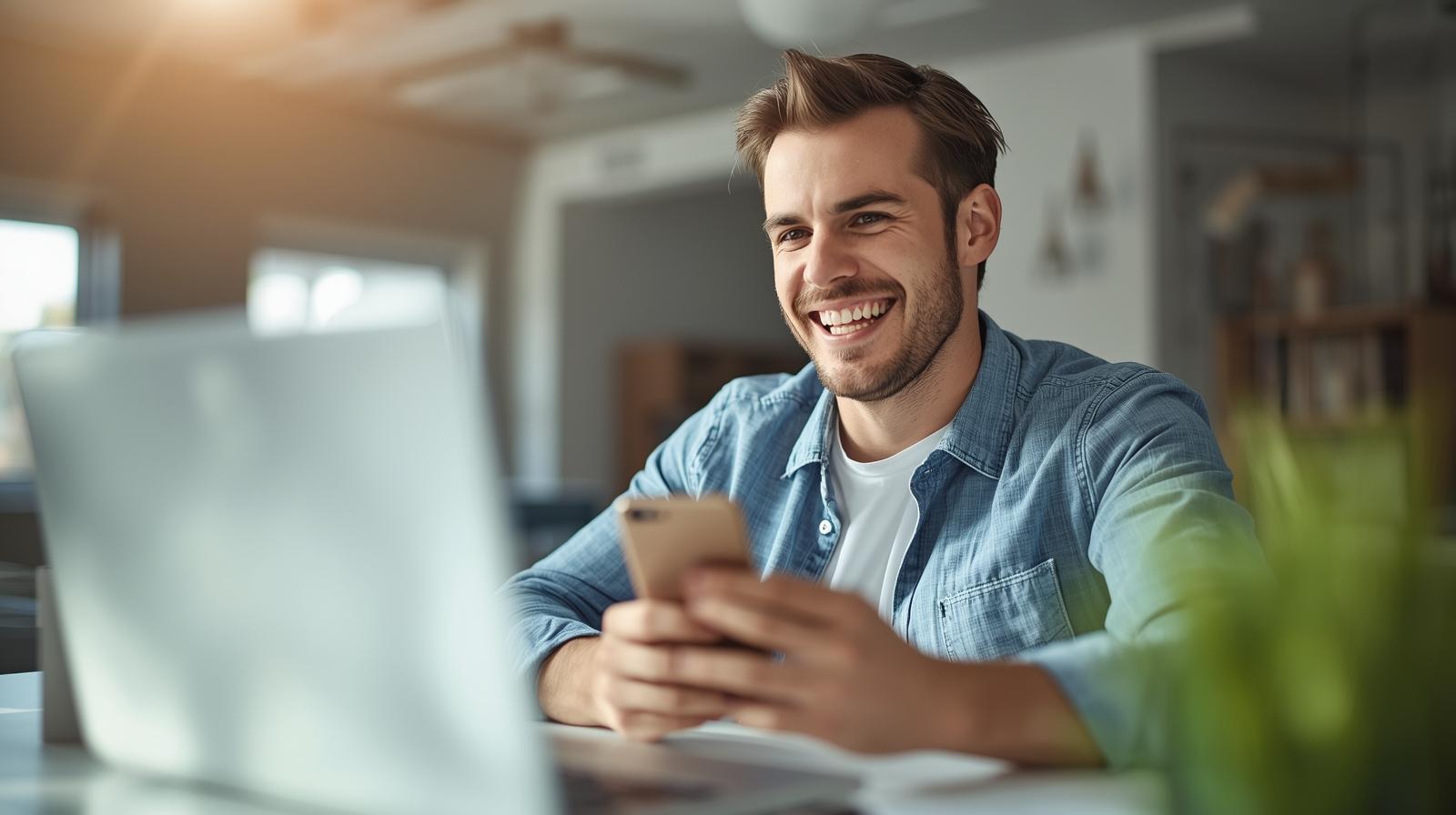 Man smiling at laptop, celebrating online casino win in bright cozy room.