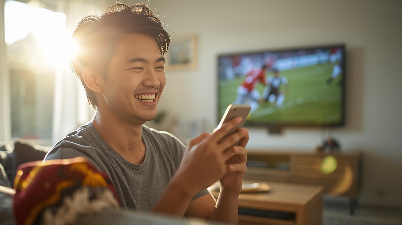 Excited man celebrates sports moment on smartphone in bright living room setting.