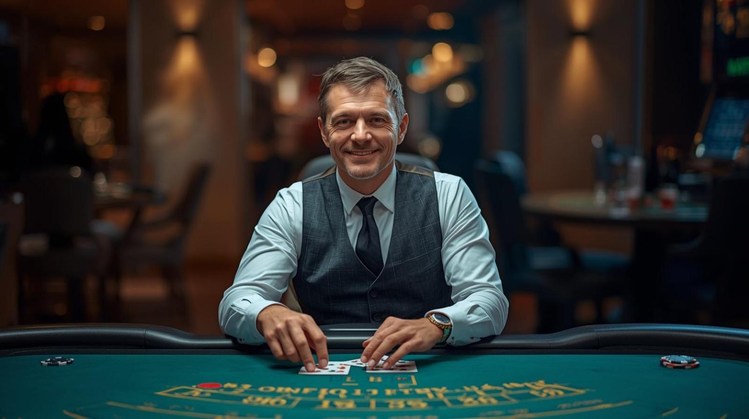 Live casino dealer confidently managing cards in bright modern studio setting.