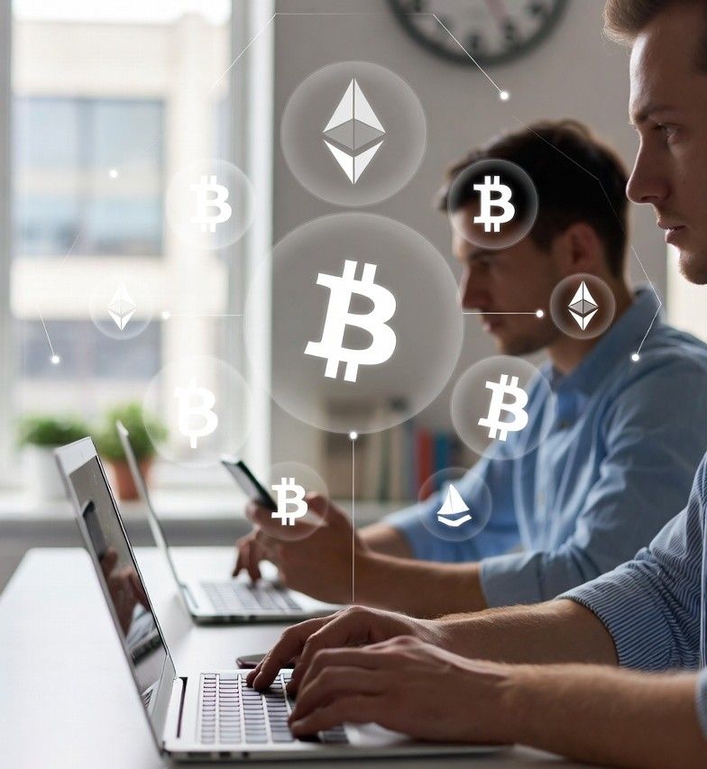 remote tech team working on laptops with cryptocurrency symbols